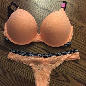 Orange Leopard Lace Bra & Panty Set VS PINK